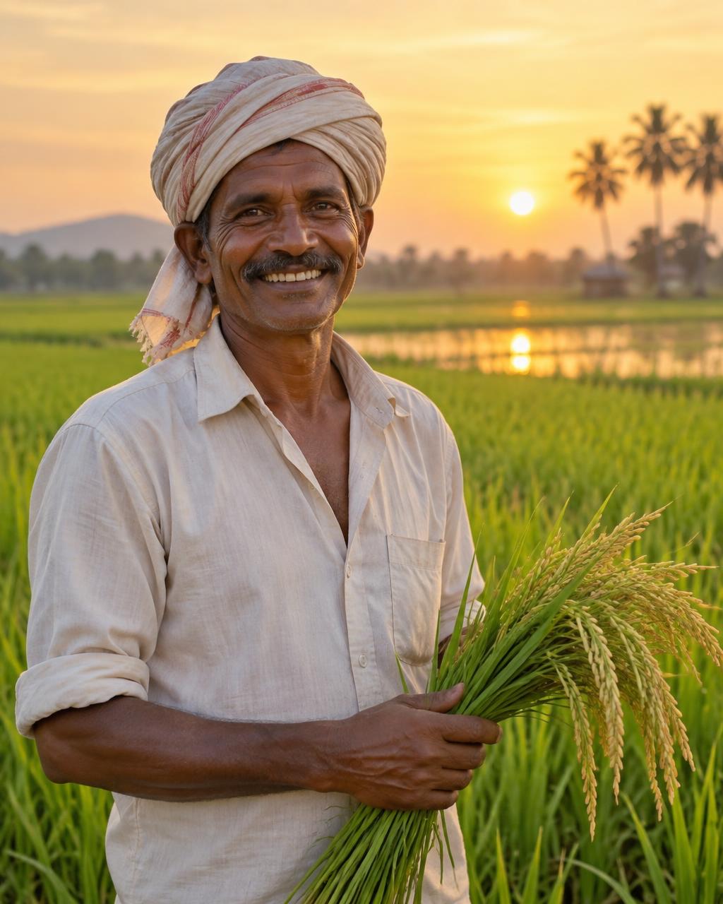 Smiling farmer holding rice crop in a paddy field at sunset